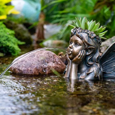 Aquascape Fairy Planter Spitter with faux brass finish and planter head detail.