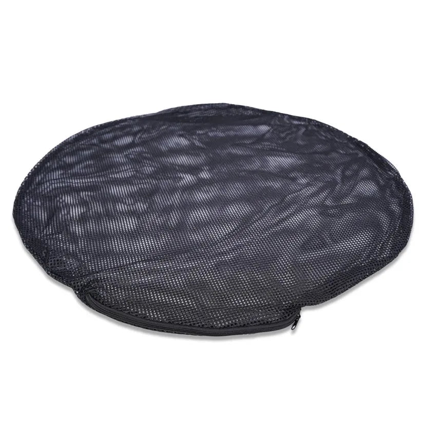 Durable mesh construction of round media net for pond or fountain filtration.