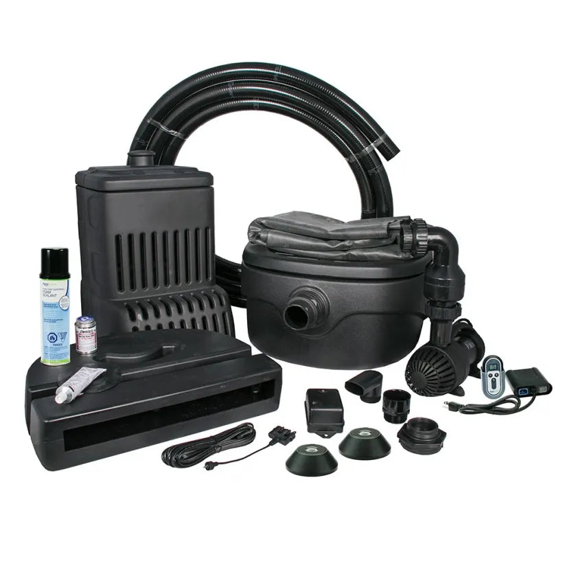 Aquascape Rainwater Harvesting Pondless Waterfall Add-On Kit with pump, spillway, pipe, vault, and lighting.
