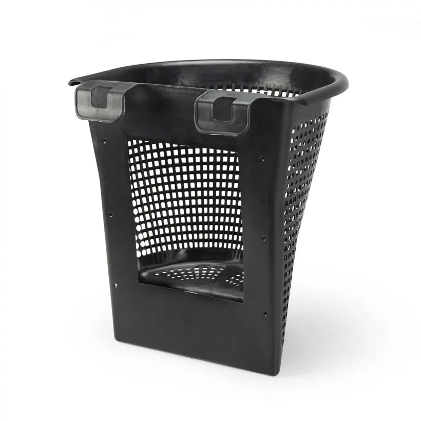 Durable plastic pond skimmer basket designed for large debris capture