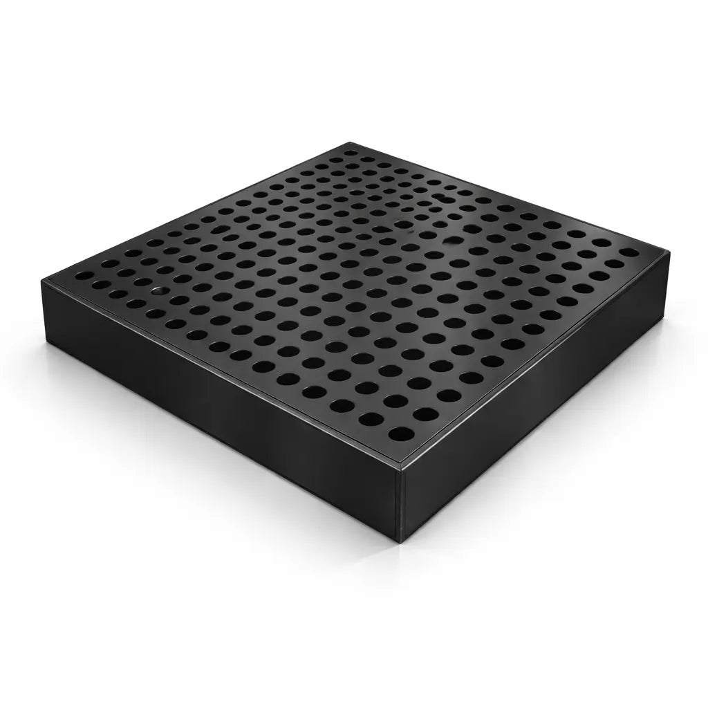 Black perforated square grate for sump pit on a white background