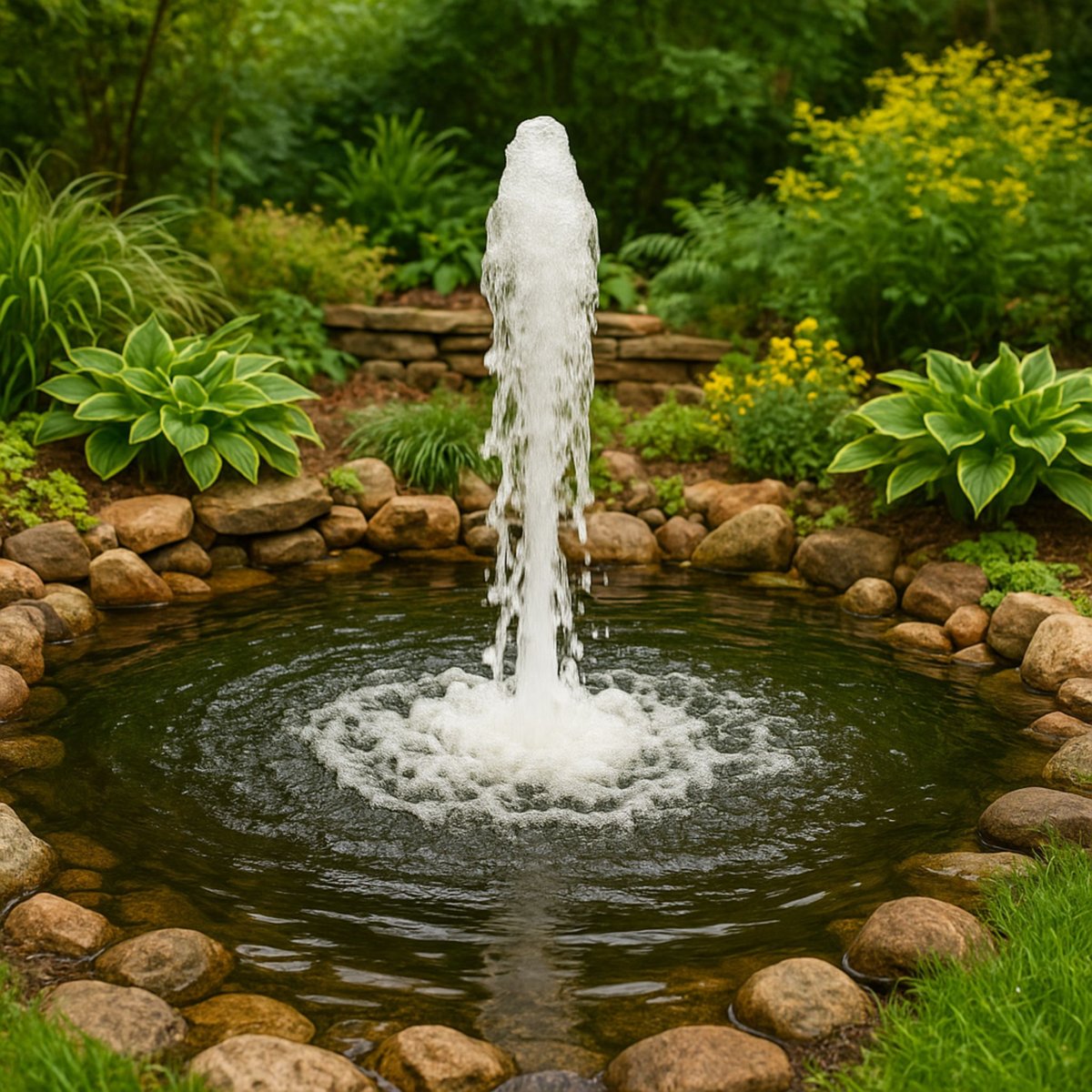 Daytime garden pond with vertical fountain spray from custom AquaSurge-powered fountain kit.