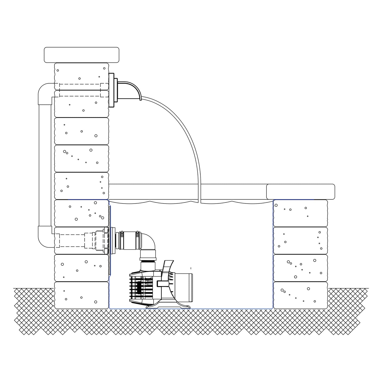 Technical drawing of a water pump system with pipes and components.
