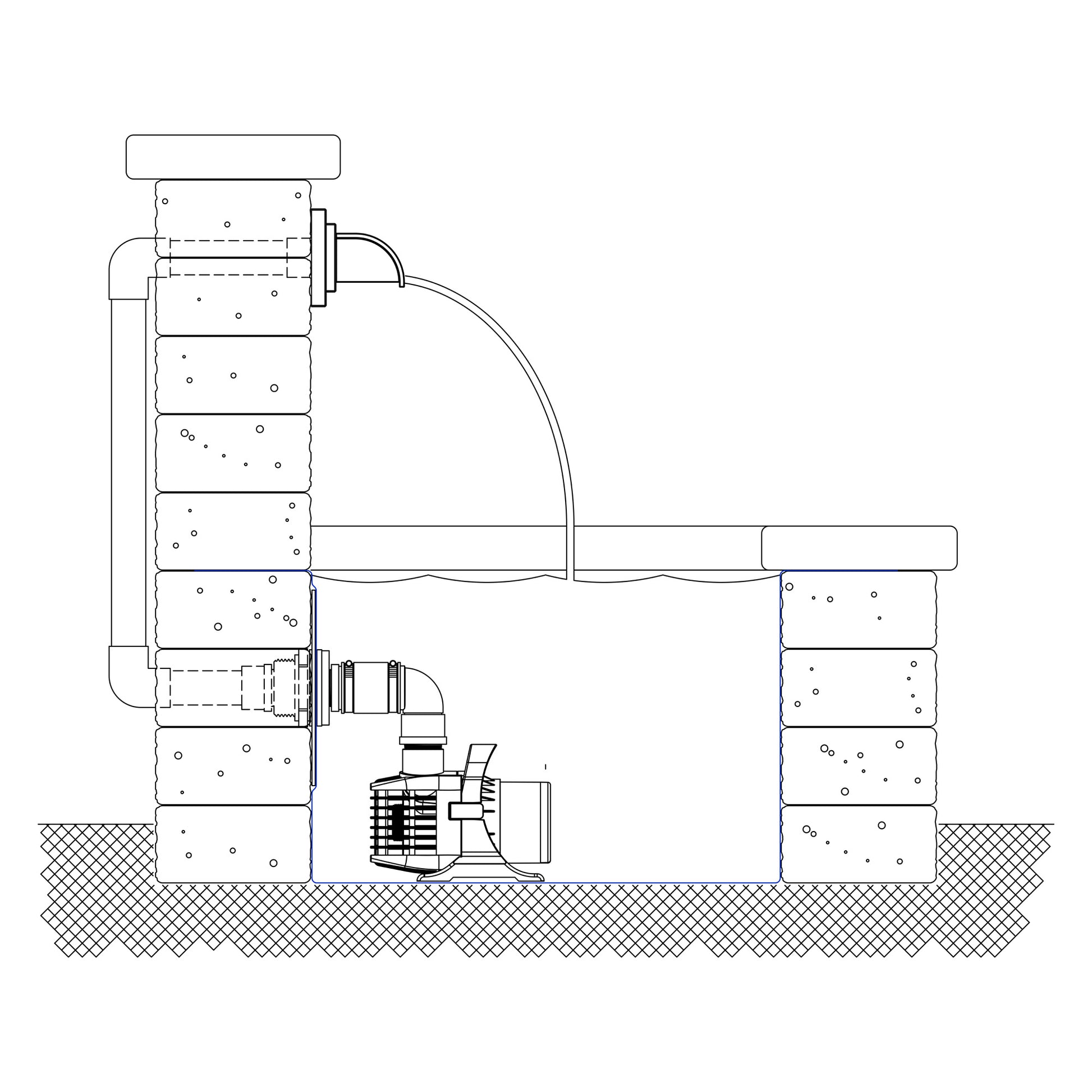 Technical drawing of a water pump system with pipes and components.