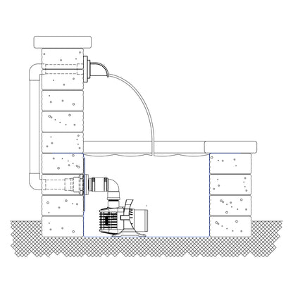 Technical drawing of a water pump system with pipes and components.