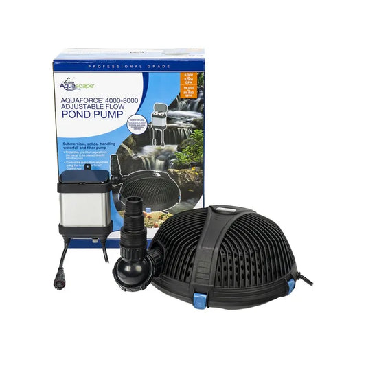 Aquascape Aquaforce pond pump with packaging on a white background.