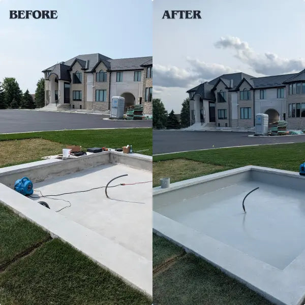 A side-by-side before and after comparison of a concrete swimming pool or spa liner installation in front of a large house. The left 'BEFORE' panel shows an unfinished concrete pool area with tools and materials on the grass.