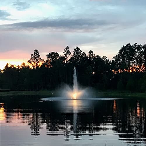 Fountain in a pond with trees and sunset in the background