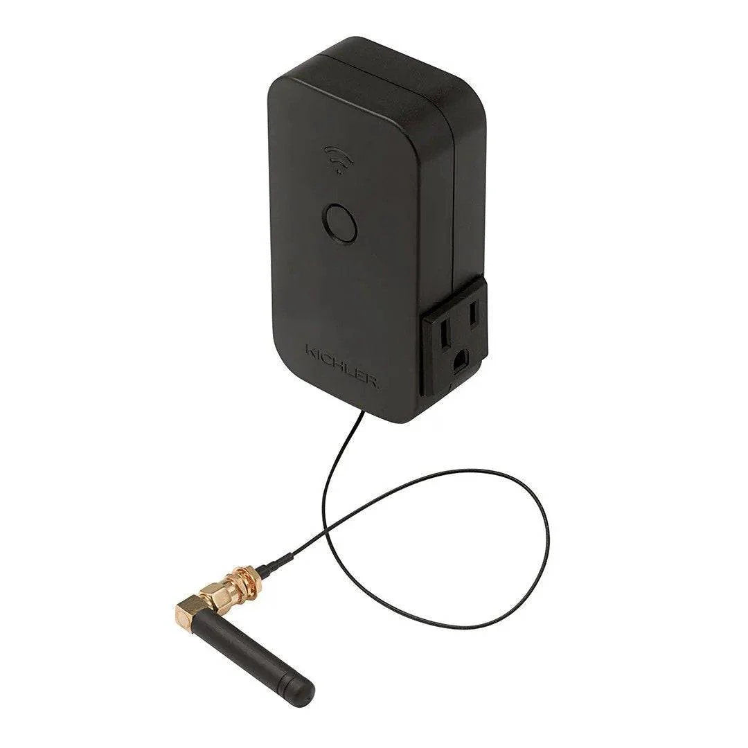 Black wireless smart hub with antenna for Kichler transformer on a white background