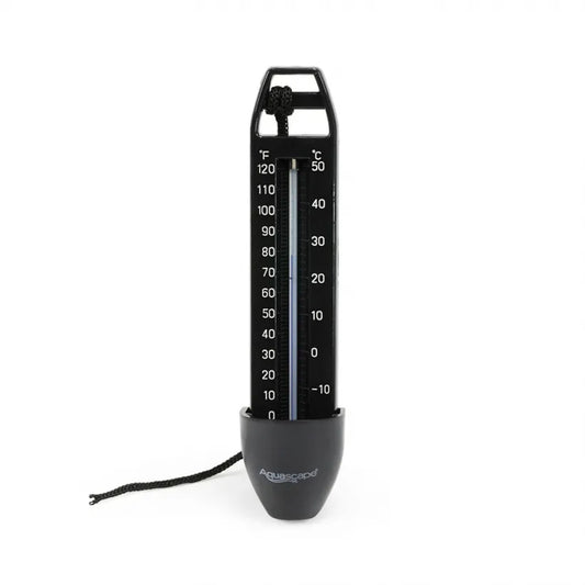 Aquascape Submersible Pond Thermometer floating in a backyard pond
