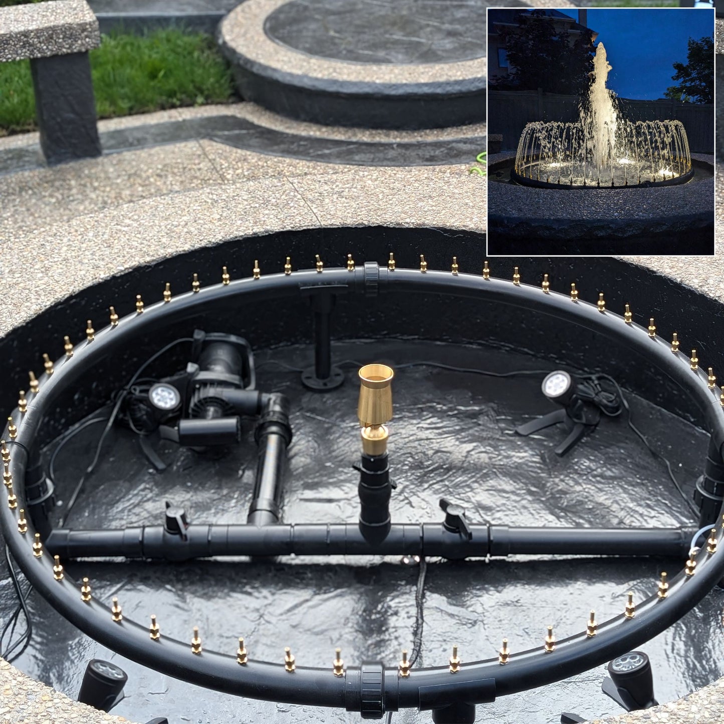Pond pump system with additional inset showing a water fountain