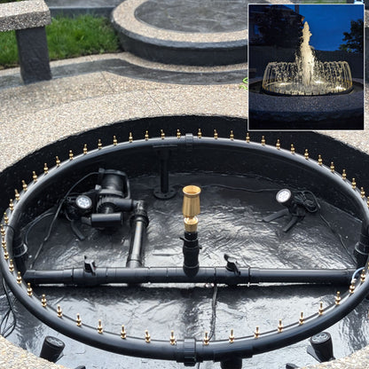 Pond pump system with additional inset showing a water fountain