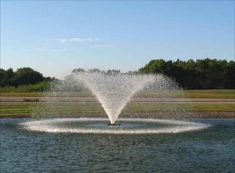 Fountain in a pond with trees and clear sky in the background