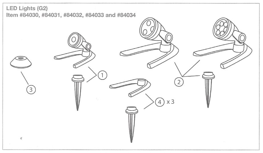 Aquascape G2 & G3 Light Mounting Kits and Base – system parts diagram; other components sold separately