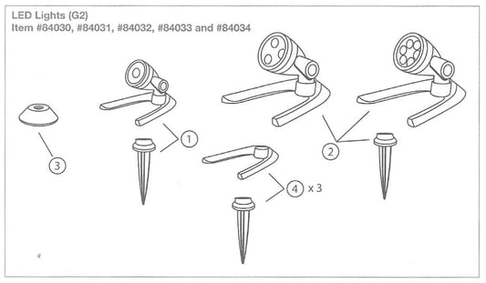 Aquascape G2 & G3 Light Mounting Kits and Base – system parts diagram; other components sold separately