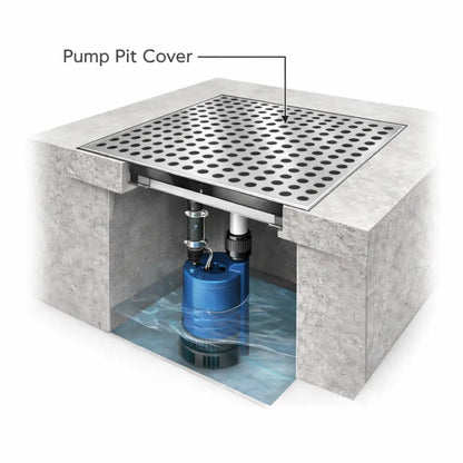 Diagram of a pump pit cover with a blue submersible pump inside.