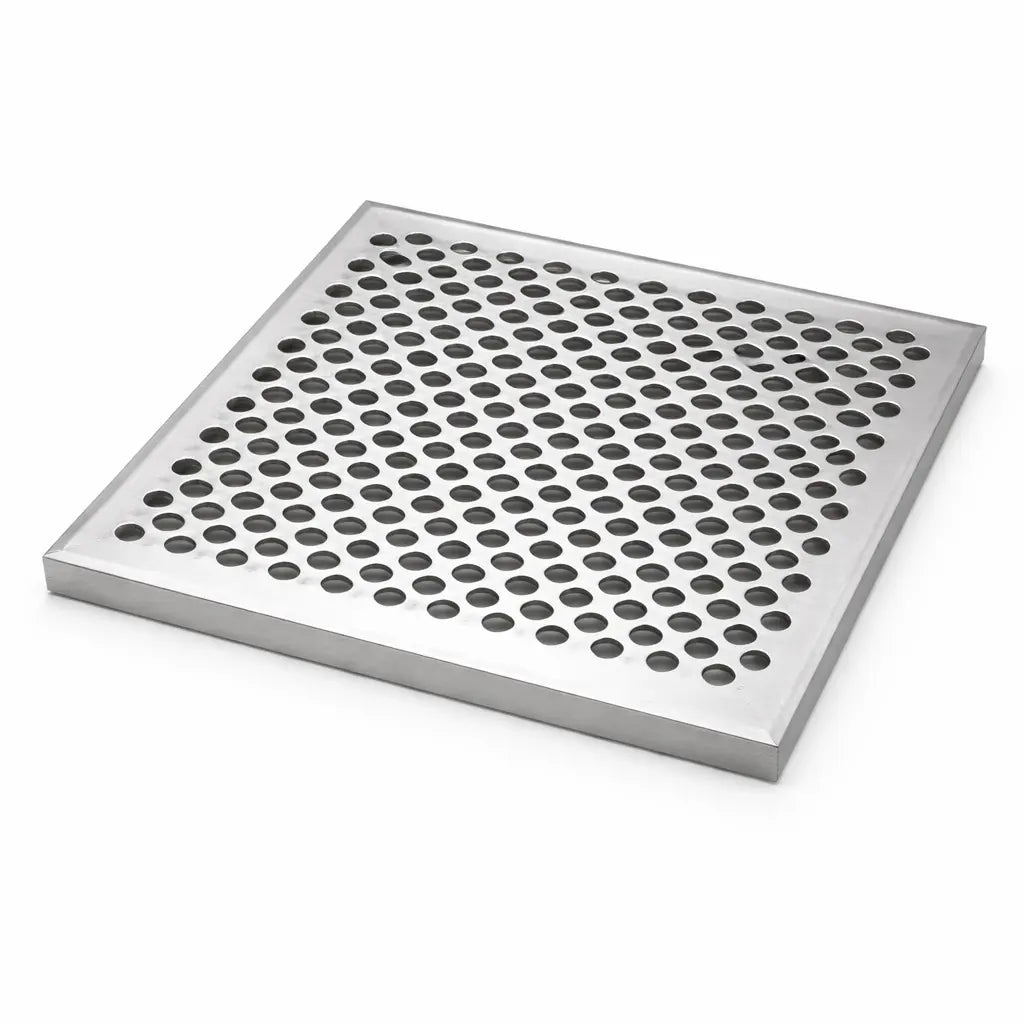 Metallic square grate with perforated design on a white background