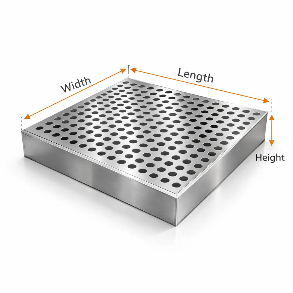 Metallic grate with dimensions labeled on a white background