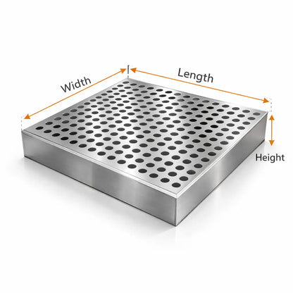 Metallic grate with dimensions labeled on a white background