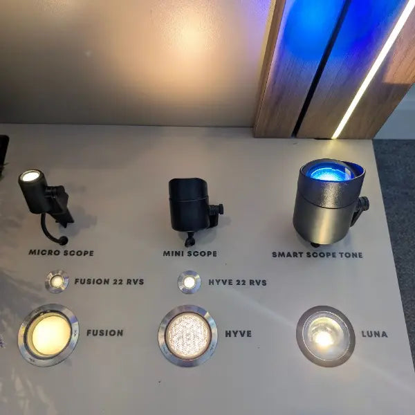 Collection of different types of lights on a display stand with labels.